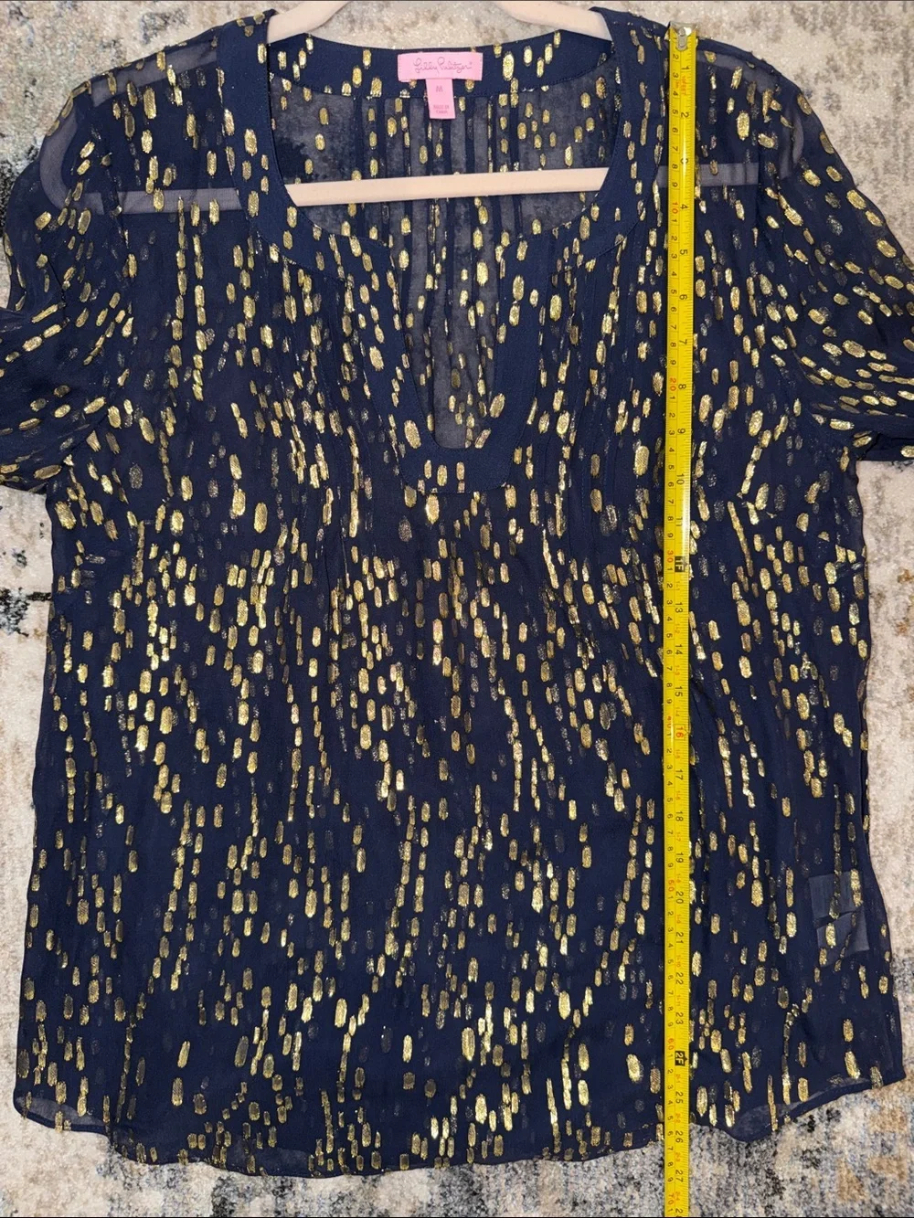 Lilly Pulitzer True Navy Gold Bubble Clip Dot Jacquard Blouse Top